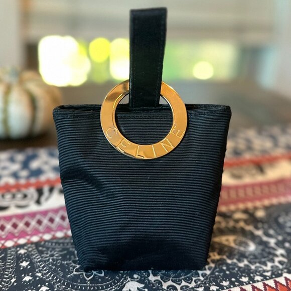 Celine Nylon Canvas Black Mini Zip-top Pouch Gold Circle Logo, Pre-owned - Picture 1 of 9